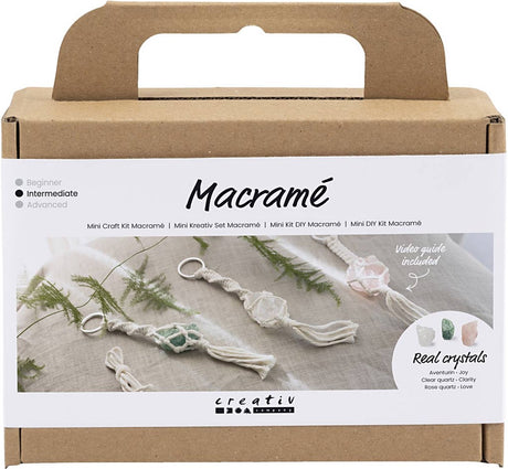 Creativ company mini hobby set macramé, porte-clés, mat transparent, vert poussiéreux, rose tendre, naturel clair, 1 boîte
