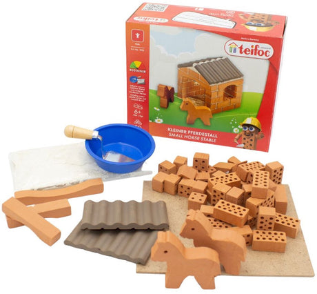 Coffret de construction Teifoc ® - Kit de construction écurie - 50 pièces - Véritables mini briques avec ciment, bol et truelle - Kit de construction pour enfants à partir de 6 ans