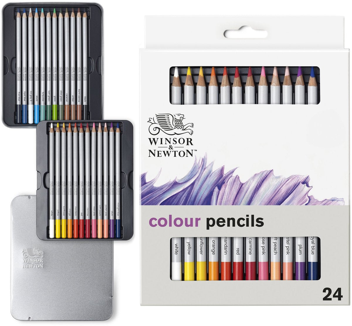 Winsor Newton 0490013 Studio Collection Ensemble de crayons de couleur 24 pièces - Crayons de dessin à base de cire Dikcores dans une boîte en métal