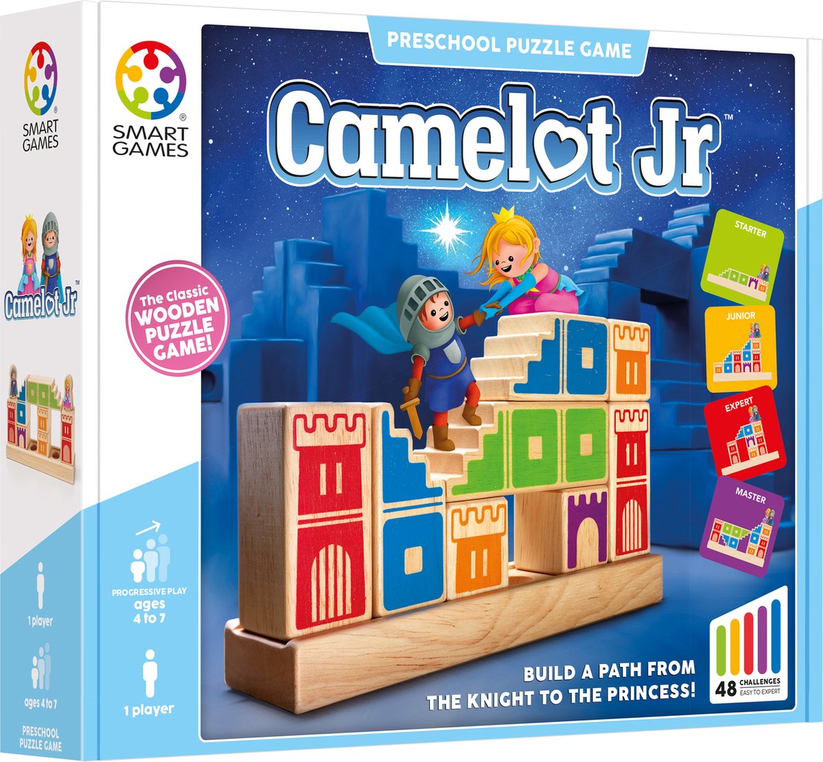 Smartgames camelot jr. - jeu de réflexion logique en bois - 48 défis de construction spatiale - jeu éducatif solo - à partir de 4 ans