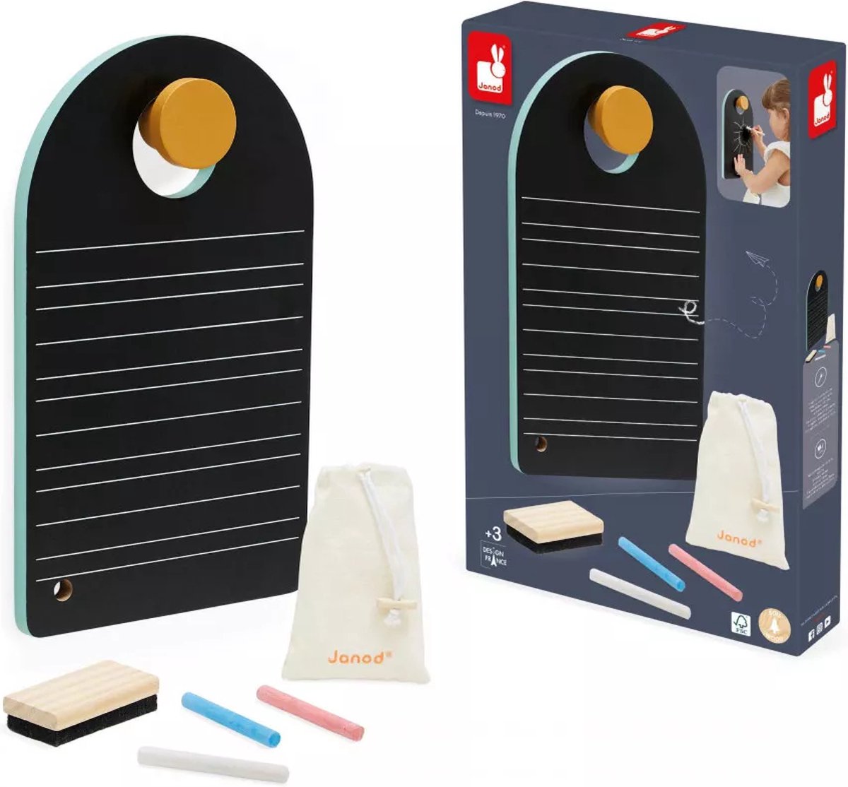 Tableau Janod - tableau portable avec craie - un format portable et pratique pour dessiner et écrire n'importe où - livré avec un crochet pour accrocher le tableau - comprenant 3 marqueurs à craie - convient à partir de 3 ans