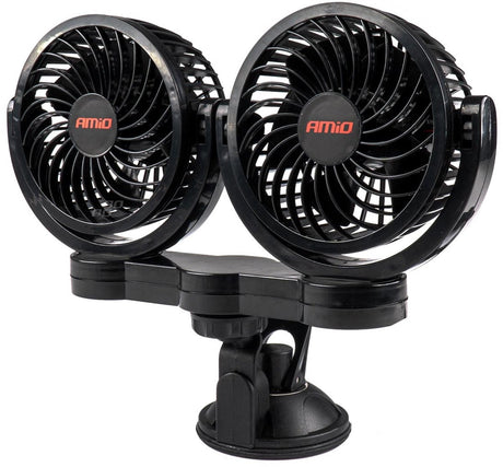 Amio dubbele autoventilator zuignap met usb-oplader zwart (5x10 cm) 12v