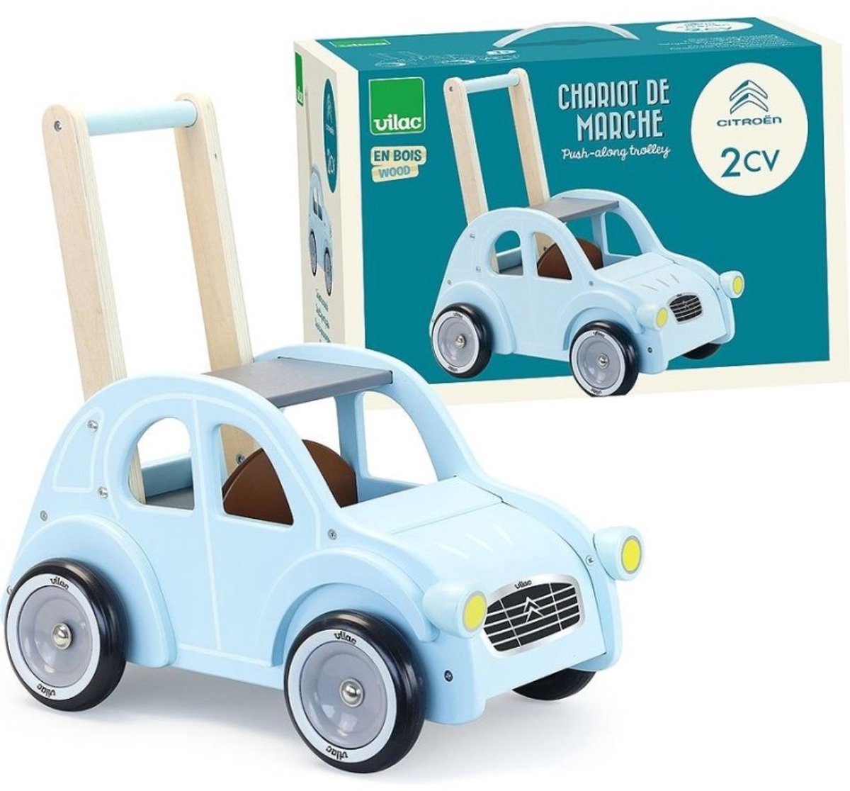 Trotteur en bois Vilac Citroën 2CV rétro bleu jouets pour bambins.