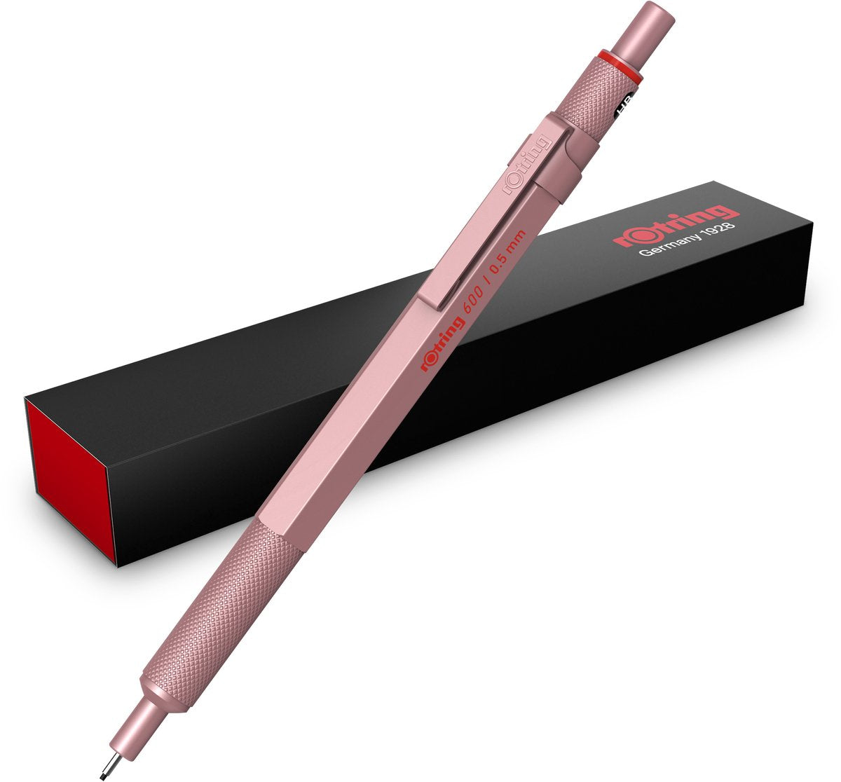 Porte-mine Rotring 600 | broche hb, 0,5 mm | boîtier entièrement métallique | or rose | support hexagonal à poignée moletée antidérapante