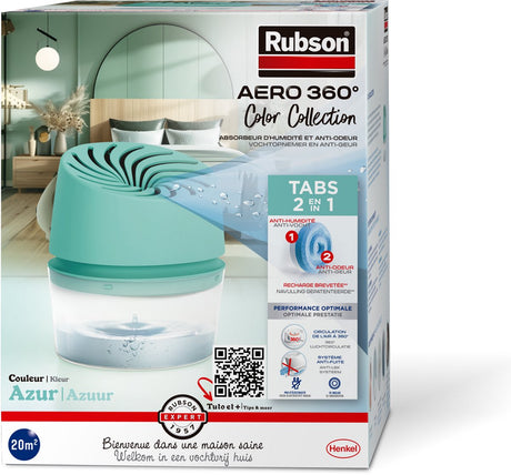 Rubson absorbeur d'humidité aero360 collection de couleurs turquoise boîte 450g | dispositif déshumidificateur captant l'humidité | déshumidificateur | absorbeur d'humidité à l'intérieur.