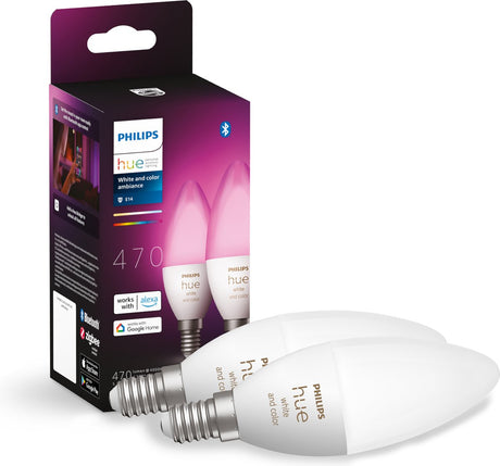 Source lumineuse lampe bougie Philips Hue E14 duopack - lumière blanche et colorée - 5,2W - Bluetooth - 2 pièces