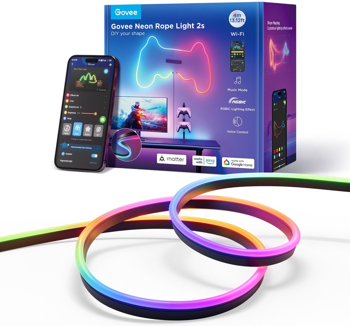 Bande LED néon noire intelligente Govee 4m matière rgbic - extra flexible