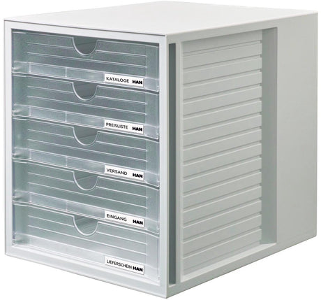 Commode Han avec 5 tiroirs fermés, gris clair transparent