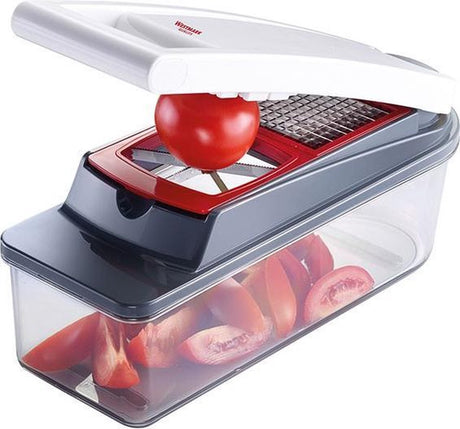 Westmark multi-cutter avec couvercle, bac de récupération et 5 inserts de coupe, 12 pièces, plastique inox, dés star plus, blanc transparent rouge, 97112260