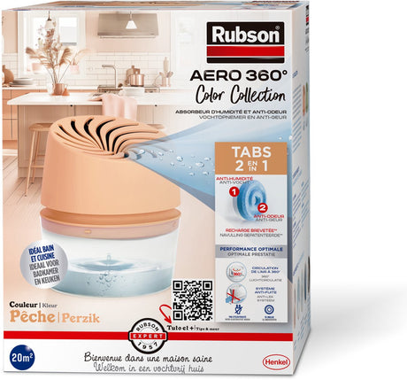 Rubson absorbeur d'humidité aero360 color collection pêche boîte 450g | dispositif déshumidificateur captant l'humidité | déshumidificateur | absorbeur d'humidité à l'intérieur.