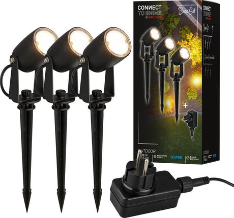 Briloner connect to Shine - Spike Spot - Lot de 3 - Kit de démarrage pour projecteur de jardin - Éclairage de jardin - IP65 - Lumière blanc chaud - ø4x2,5 cm - Câble 1,5 m