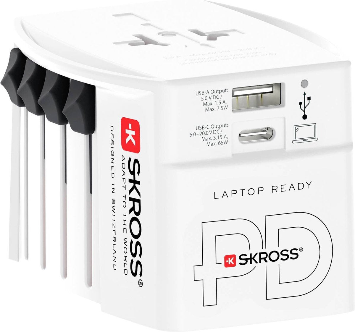 Skross - adaptateur voyage monde sauf pro 2 broches + 1 chargeur rapide USB + 1 type c 3250 ma blanc