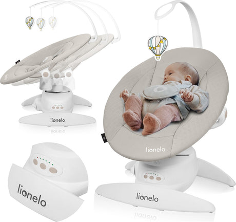 Balançoire bébé Lionelo iris premium - Siège rotatif à 360° - 3 positions de dossier - 3 mouvements de balancement - 5 vitesses - 12 mélodies - arche de jeu - rembourrage lavable - jusqu'à 9 kg - transat bébé à bascule