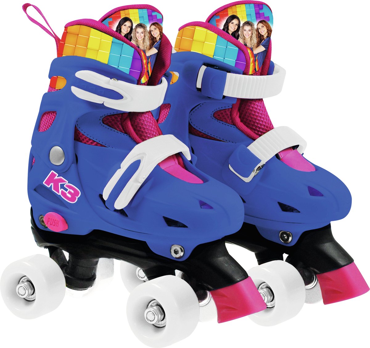 K3 - patins à roulettes - taille 34 37 - réglable en 4 tailles - avec butée - blanc - arc-en-ciel - avec roues en 4 couleurs