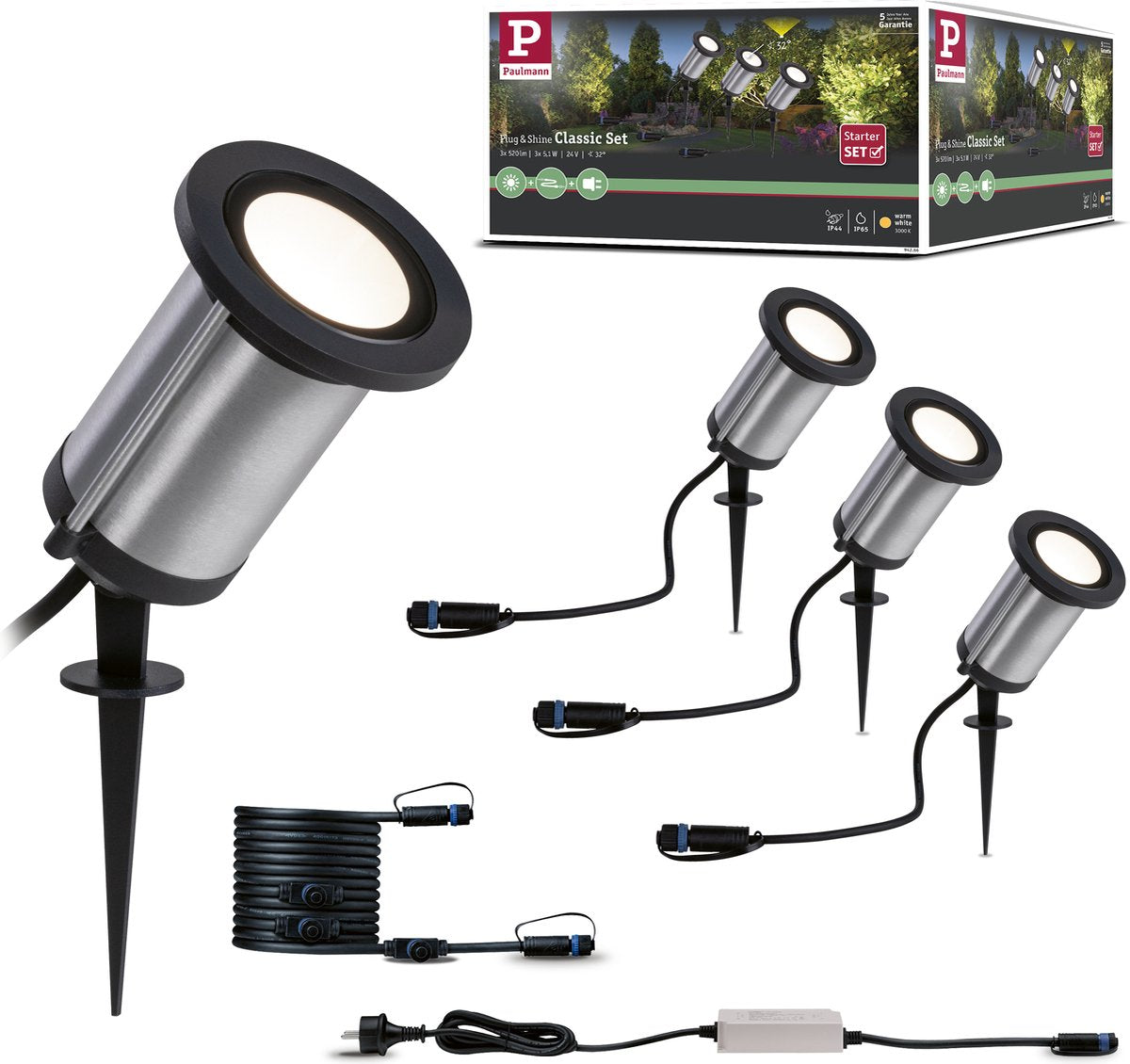 Paulmann plug shine basic set spot classic - spot au sol - 3000k - lot de 3 - ip65 - résistant aux jets -