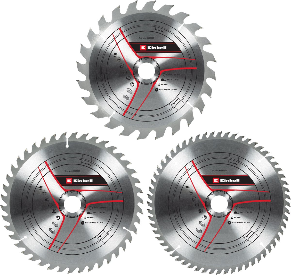 Jeu de lames de scie carbure Einhell TCT - 3 pièces - ø254 x 30 x 3,2 mm - 24 42 60 dents