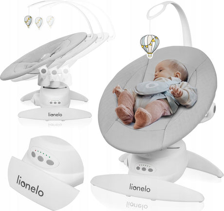 Balançoire bébé Lionelo iris premium - Siège rotatif à 360° - 3 positions de dossier - 3 mouvements de balancement - 5 vitesses - 12 mélodies - arche de jeu - rembourrage lavable - jusqu'à 9 kg - transat bébé à bascule