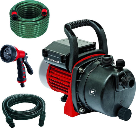 Pompe de jardin électrique Einhell GC-GP 6538 set i - 650 W - 3800 l h - 3,6 bar - max. hauteur de refoulement : 36 m - max. hauteur d'aspiration : 8 m - incl. Tuyau d'aspiration de 4 m, tuyau d'arrosage de 20 m et tête de pulvérisation