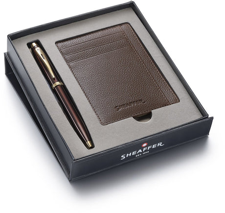 Coffret cadeau stylo à bille Sheaffer 100 9370 - ton or marron brillant - avec porte-carte de crédit - moka rustique - sf-g2937051-2