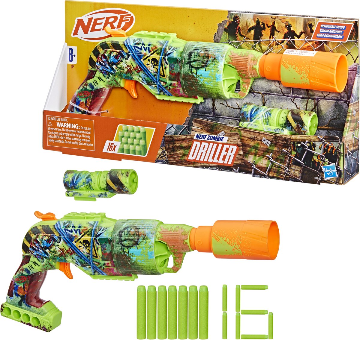 Nerf zombie foreur - blaster, 16 fléchettes d'élite