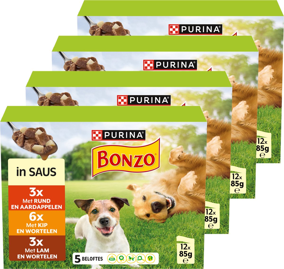 Sachets repas Bonzo en sauce - nourriture humide pour chien - boeuf poulet agneau - 48 x 85 g
