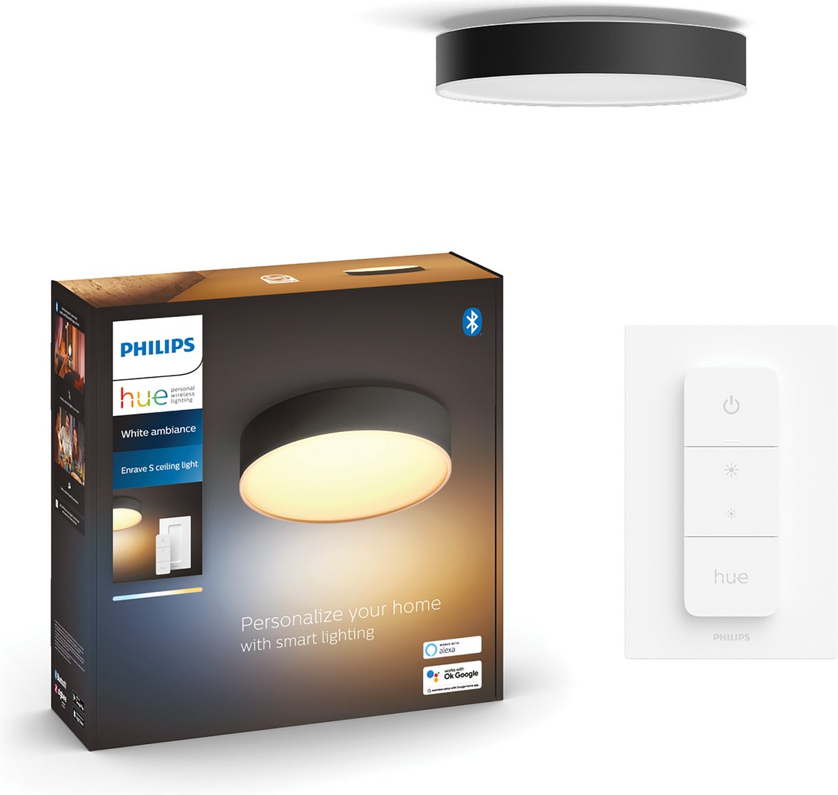 Philips hue enrave plafondlamp - warm tot koelwit licht - zwart - 55cm - 1 dimmer switch
