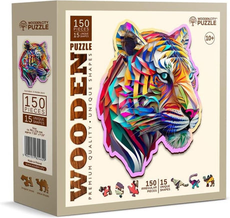 Ville en bois tenant un puzzle de ville - tigre coloré.