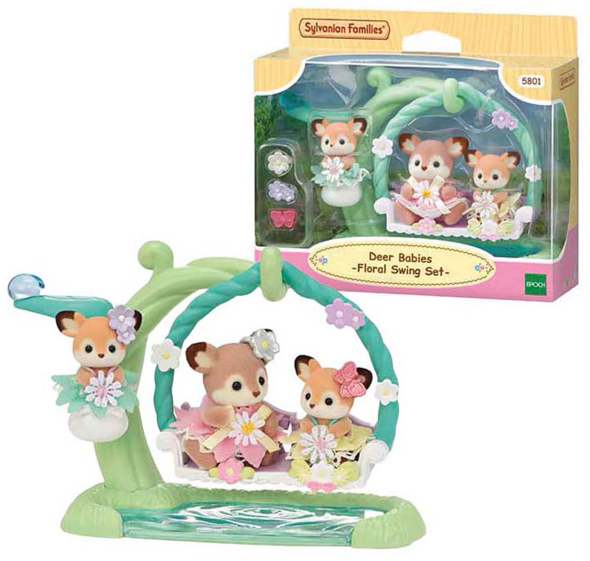 Sylvanian family 5801 bébé cerf - balançoire fleurie - 3 figurines de jeu douces et veloutées