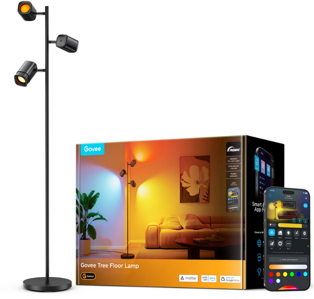 Lampadaire intelligent Govee 160 cm matière rgbww - 3 têtes de lumière - lampe de lecture intelligente - lampadaire arbre