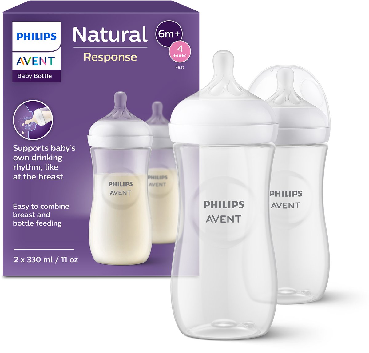 Biberons Philips avent natural réponse 330 ml - débit 4 - 2 biberons - scy906 02