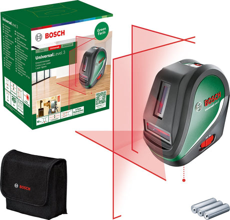 Bosch universallevel 3 - laser à lignes croisées - point d'aplomb au-dessus et en dessous - piles incluses - étui de rangement