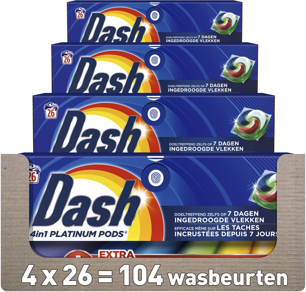 Dosettes lessive Dash 4en1 + détachant supplémentaire pour linge coloré - 4 x 26 lavages