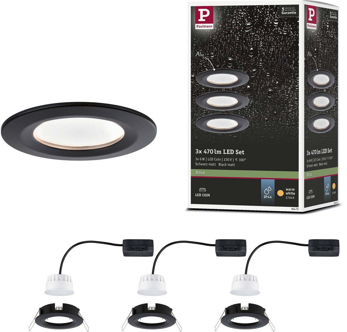 Paulmann lampe à encastrer LED nova coin basic set star ip44 rond 78 mm coin 3x6w 3x470lm 230v 2700k noir mat