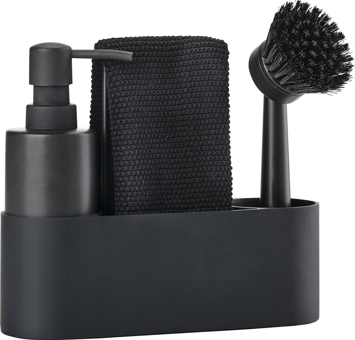 Zone Denmark set de vaisselle simple 22 x 6,7 x 19 cm 4 pièces noir - passe au lave-vaisselle - avec brosse à vaisselle et distributeur de savon - set de vaisselle