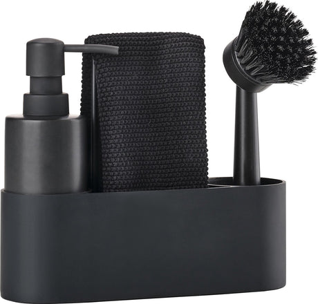 Zone Denmark set de vaisselle simple 22 x 6,7 x 19 cm 4 pièces noir - passe au lave-vaisselle - avec brosse à vaisselle et distributeur de savon - set de vaisselle