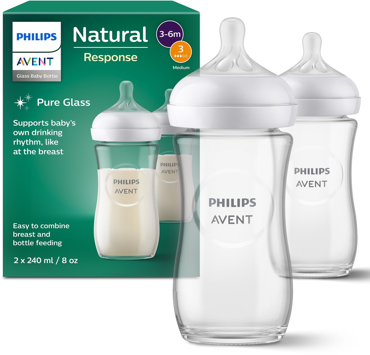 Biberons en verre Philips avent natural réponse 240 ml - débit 3 - 2 biberons - scy933 02