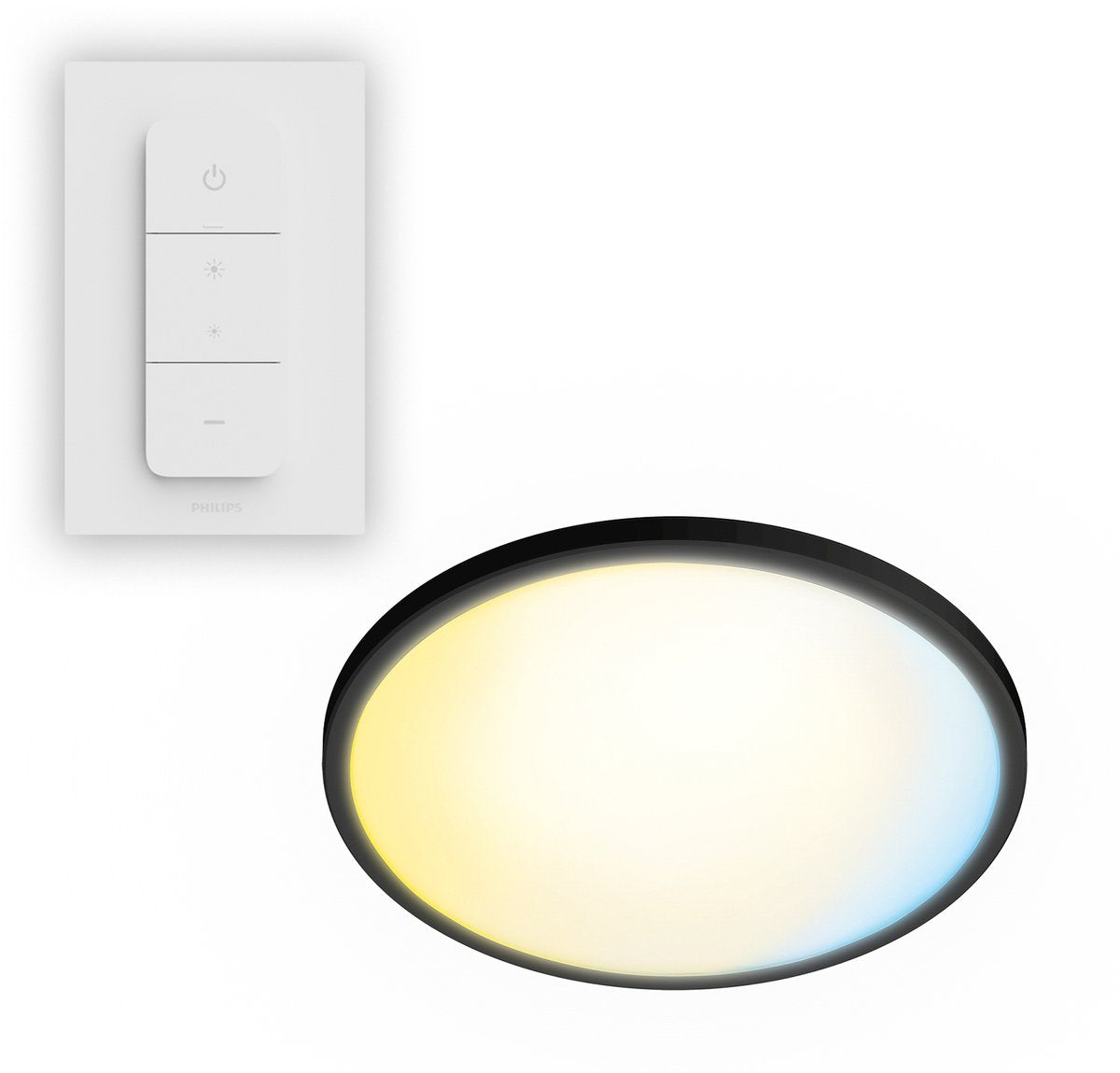 Philips led philips superslim all-in-one plafondlamp - met afstandsbediening - warmglow - 16w - extra warm- tot koelwit licht: 2200k tot 6500k - 29 cm - zwart - rond