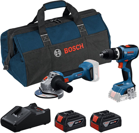 Boîte à outils professionnelle Bosch 18v - ensemble combiné - gws 18v-8 + gsb 18v-65 + 2x gba 18v 4,0 ah + chargeur gal 18v-40