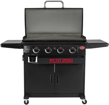 Plancha à gaz en fer plat Char-griller avec 4 feux et couvercle - plancha à gaz avec meuble - grande plancha en acier avec revêtement en porcelaine - pour 6-8 personnes