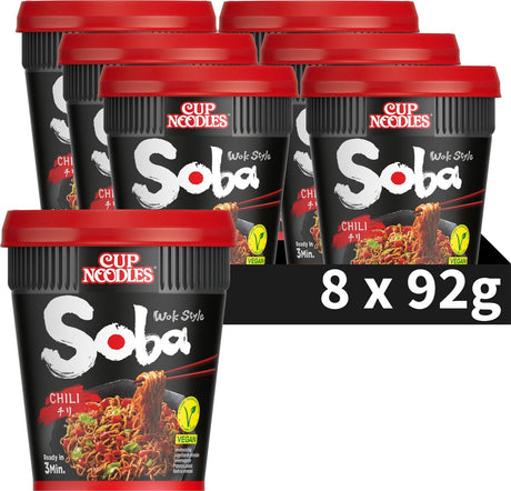 Nouilles Nissin Soba Cup - nouilles style chili wok - nouilles instantanées - végétaliennes - 8 pièces