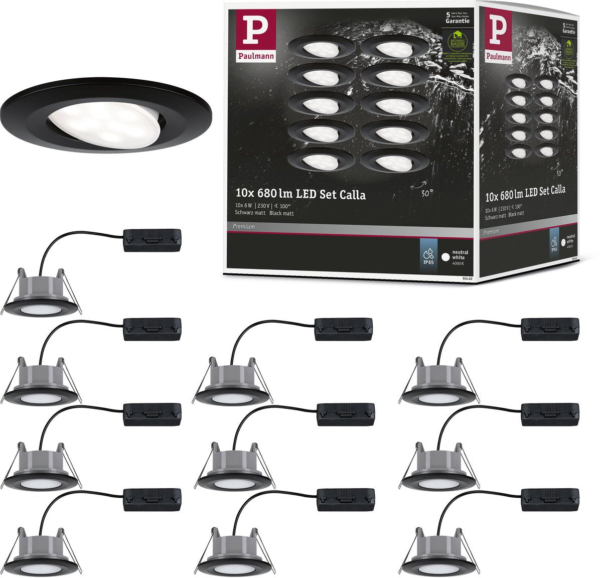 Paulmann Lampe encastrable LED Calla set de base orientable IP65 rond 90 mm 30° 10x6W 10x500lm 230V 4000K noir mat