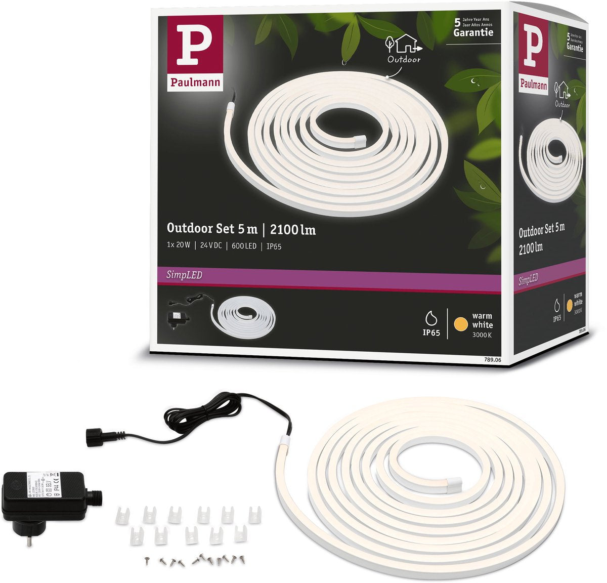 Bande LED d'extérieur Paulmann simpled 5 mètres blanc chaud - kit plug play - 20w - 24v - blanc - plastique