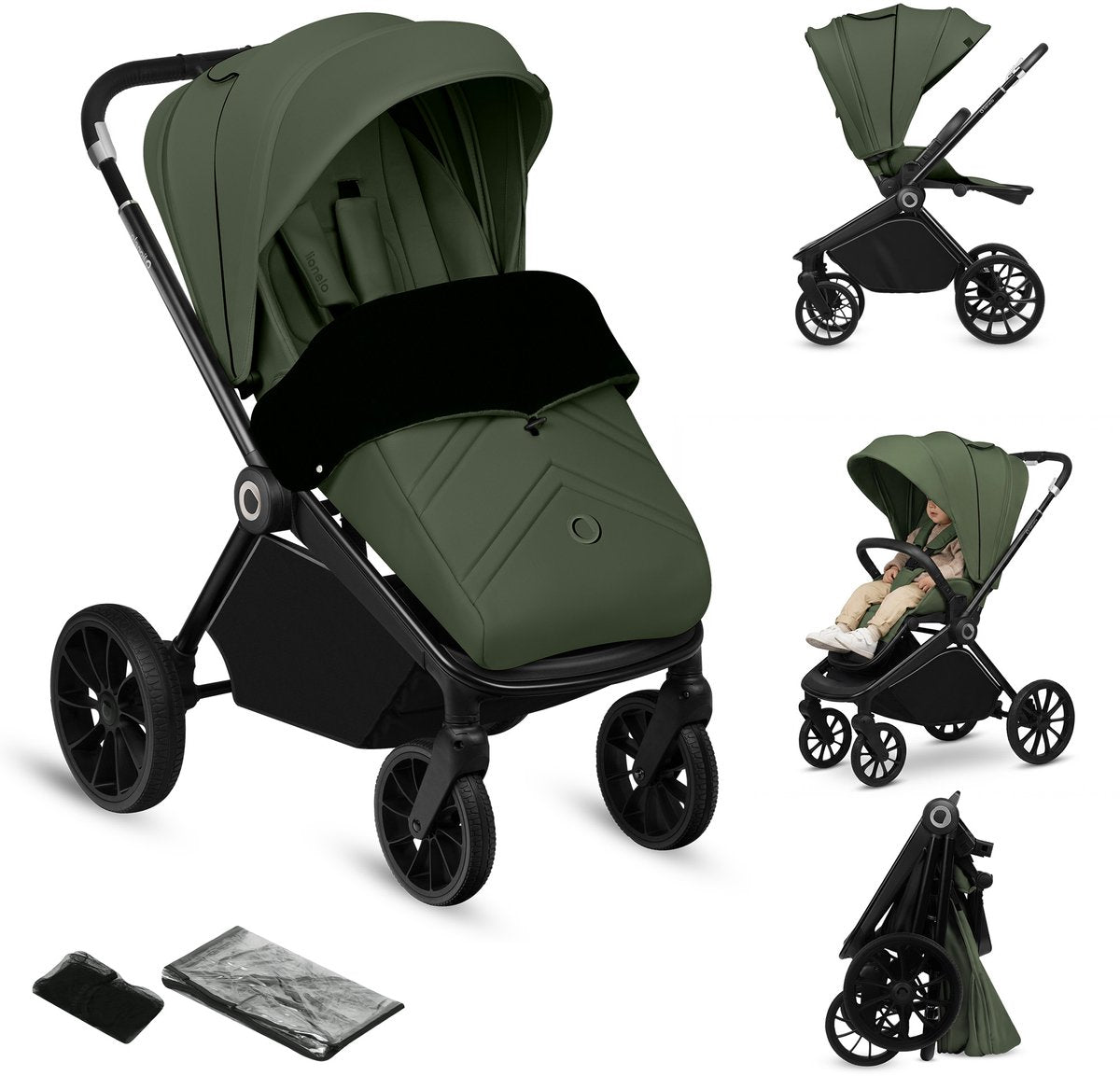 Poussette Lionelo mika plus - roues tout terrain - légère - siège réglable - capote XXL avec UPF 50+ - pliable compacte - accessoires inclus