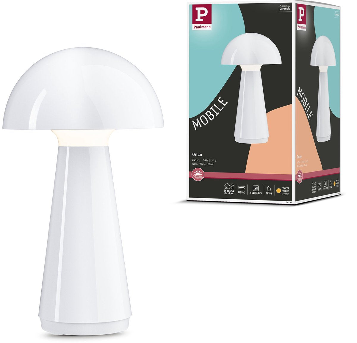 Lampe à batterie Paulmann 3-step-dim onzo ip44 dimmable 2700k blanc