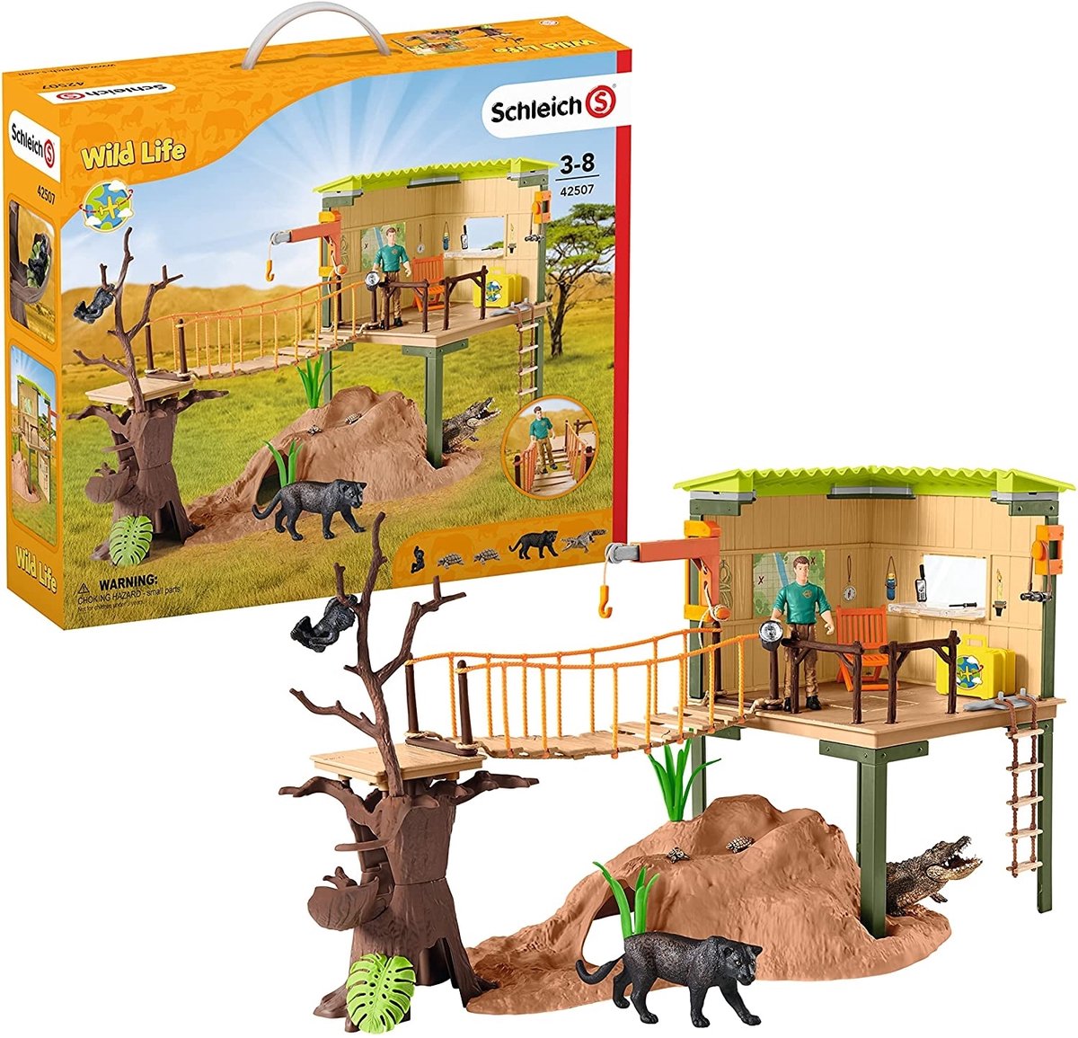 Schleich vie sauvage - la station d'aventure - jouets pour enfants - animaux sauvages de la jungle - 68 pièces, 5 animaux