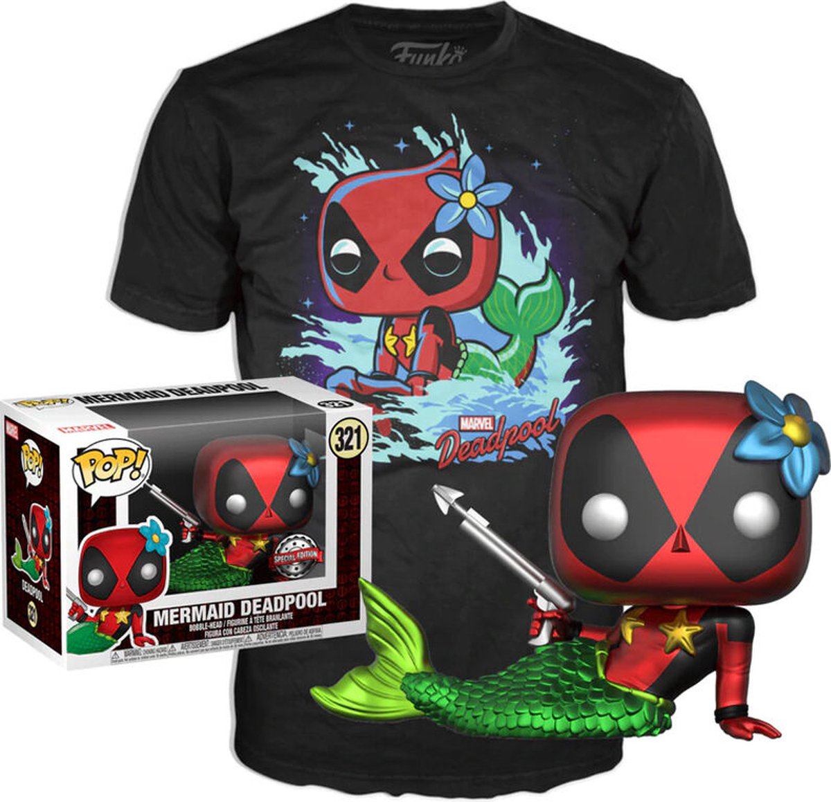 Funko-pop ! Marvel Deadpool : ensemble figurine et tee-shirt - Deadpool Mermaid exclusif taille m