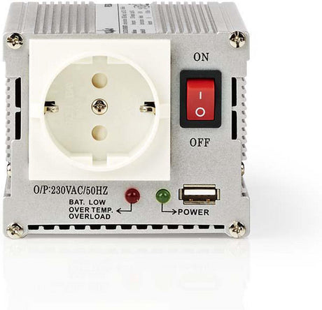 Onduleur Nedis à onde sinusoïdale modifiée - tension d'entrée : 24 V DC - courant de sortie de l'appareil : type F (CEE 7 3) USB-A - 230 V AC 50 Hz - 300 W - puissance de crête : 600 W - pinces de batterie + briquet - argent
