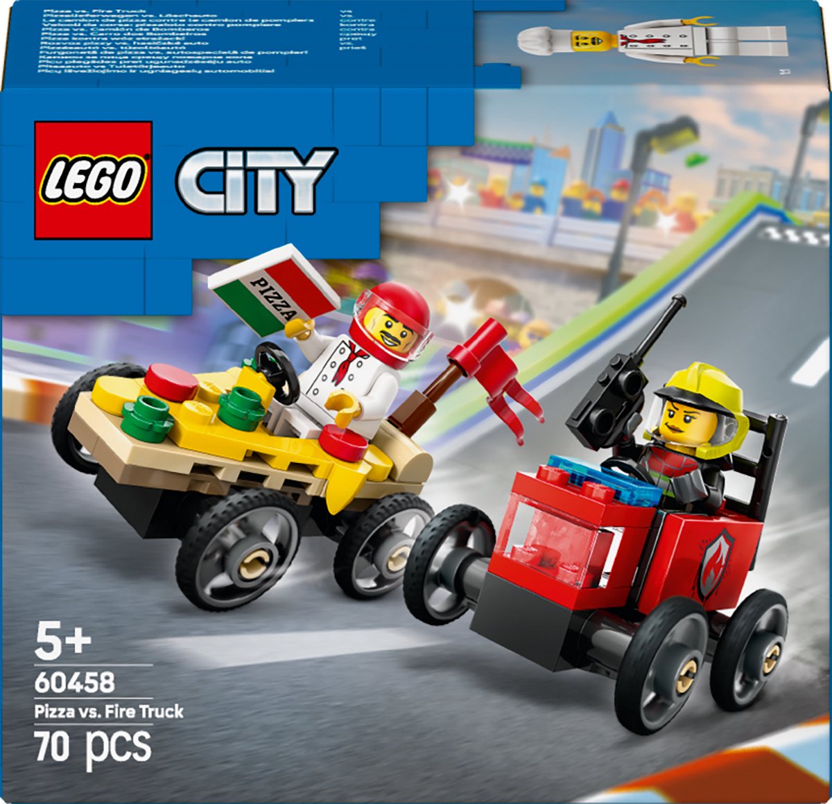 Pack voiture de course Lego city 60458 : fourgon à pizza contre camion de pompiers