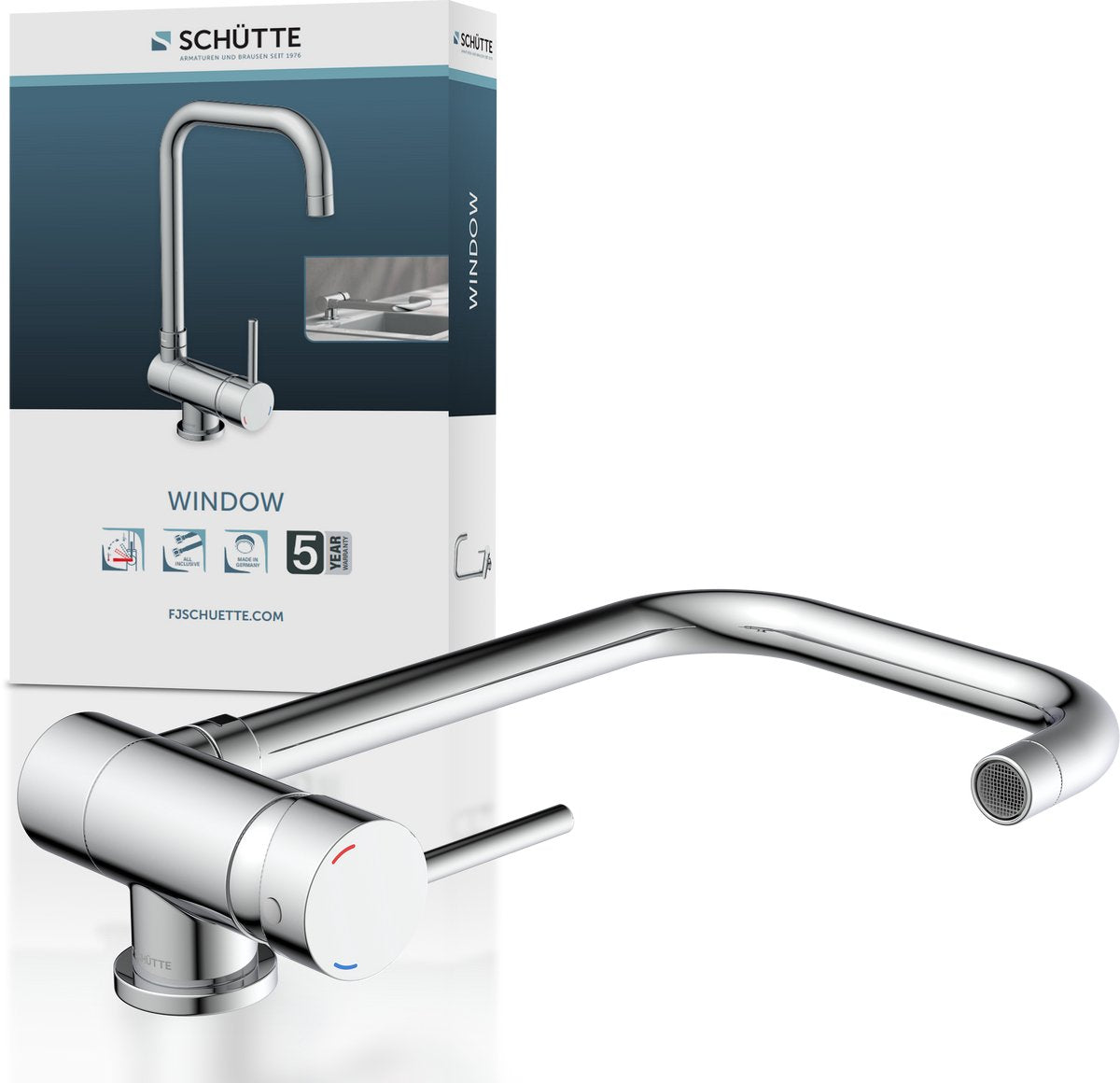 Robinet de cuisine design fenêtre Schütte - mitigeur - bec haut, pivotant et rabattable - poignée latérale - chrome