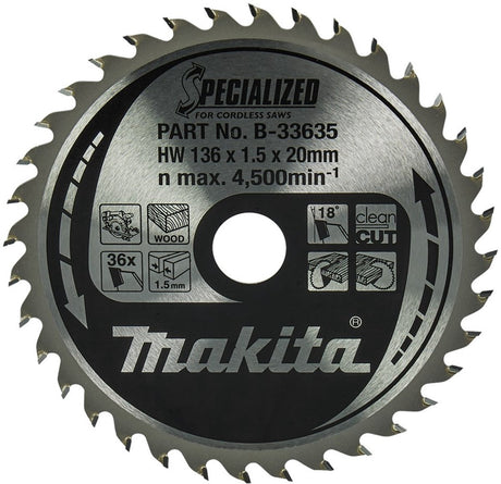 Accessoires Makita lame de scie circulaire | bois | 136x20x1,5 36t 18g - b-33635